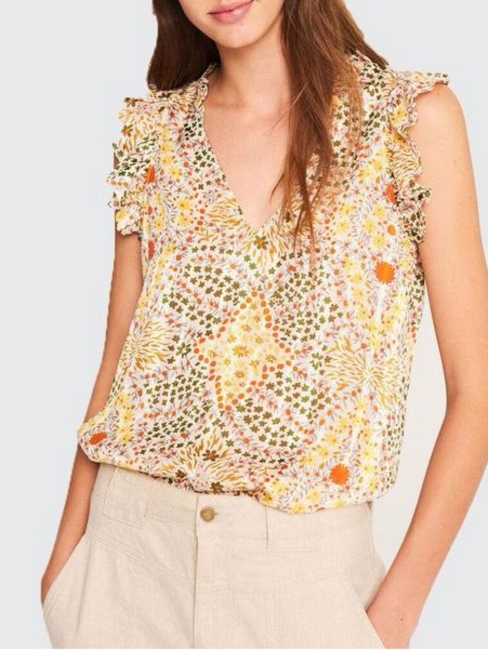 NWOT ba&sh Yellow Ecru Haby Floral Ruffle-Sleeve V-Neck Shell Top